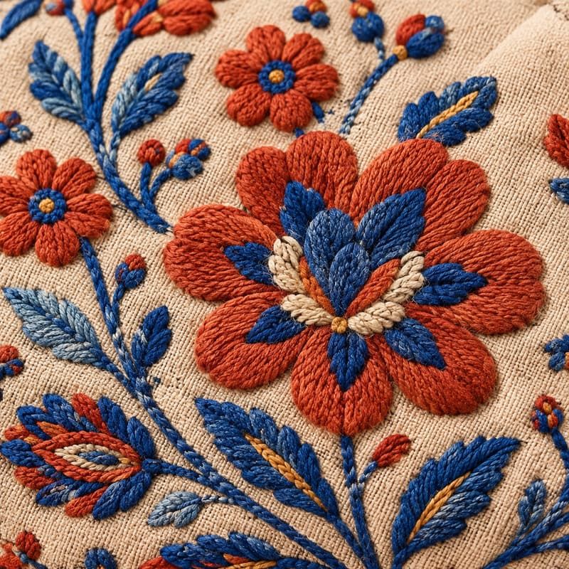 Boho-Hobo-Bag aus Canvas mit volkstümlicher Blumenstickerei - Folklore-Kettenstich & geflochtener Gurt-Stichmakro