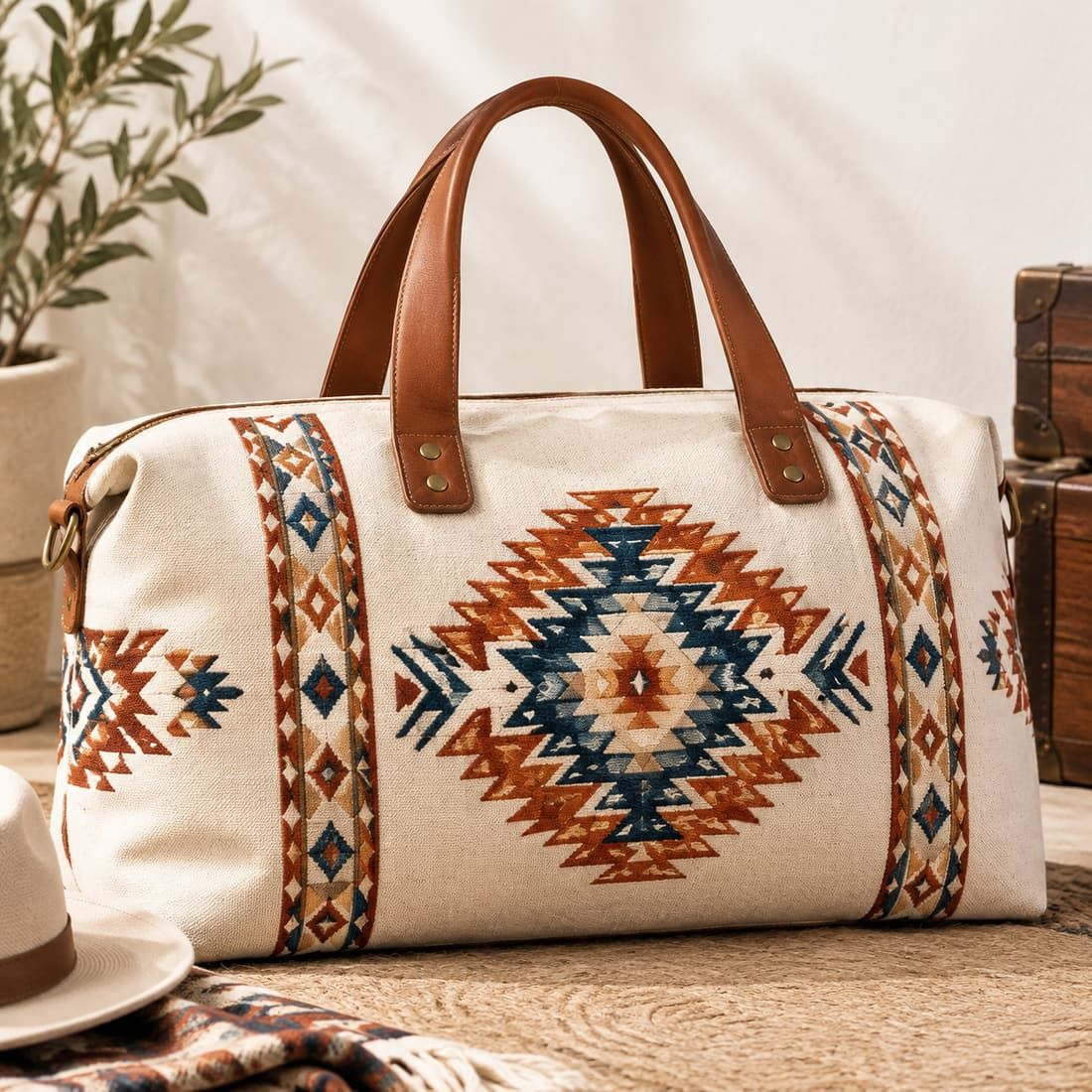 Tas Duffle Perjalanan Akhir Pekan Kanvas Bordir Geometris Tribal - gaya ini - siluet dan jatuhnya kain