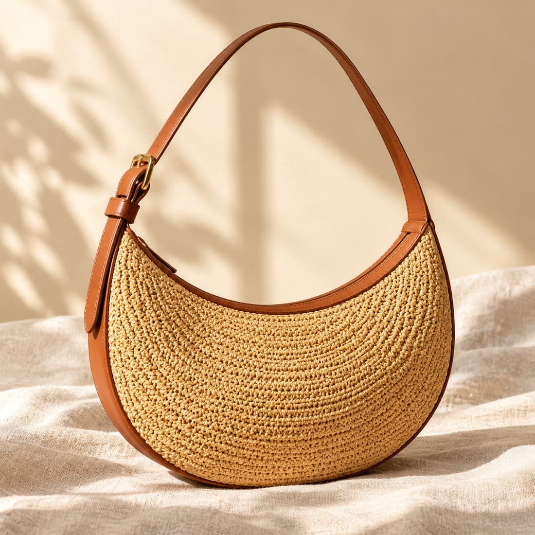Hand-Crocheted Madagascar Raffia Crescent Shoulder Bag