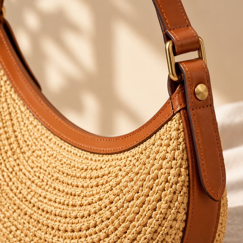 Handgehäkelte Halbmond-Schultertasche aus Madagaskar-Raffia - Griffverbindung und Beschläge
