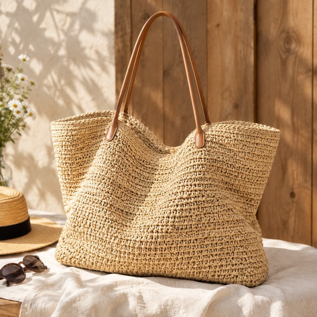 Slouchy French Market Crochet Raffia Basket Tote