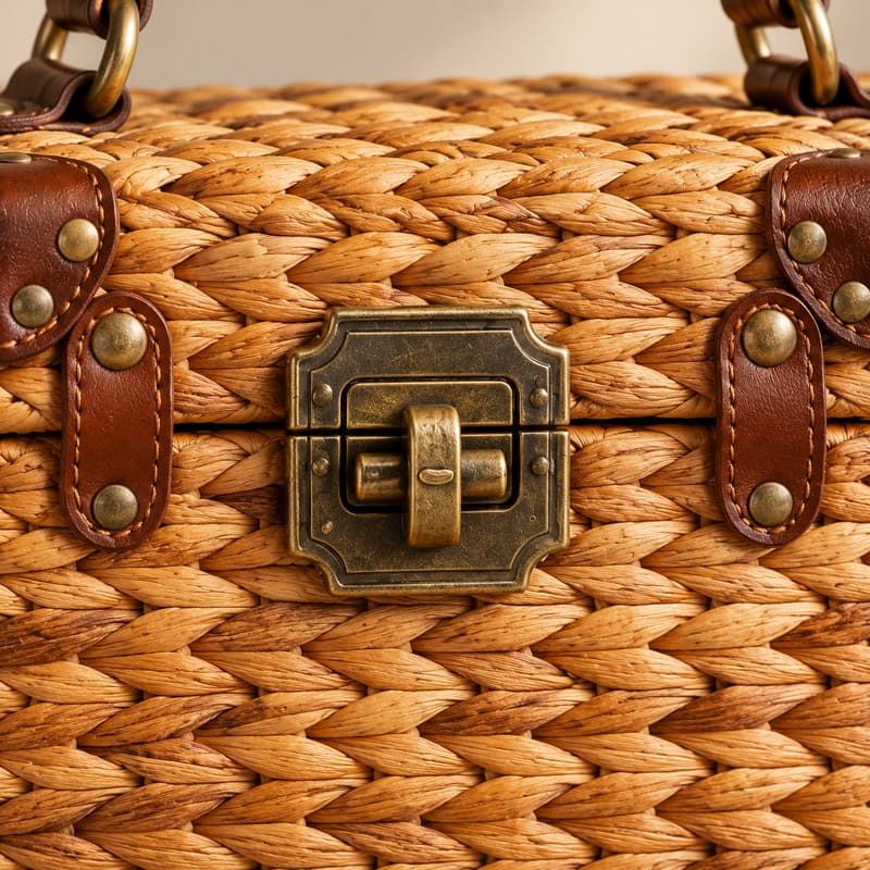 Tas Kotak Anyaman Enceng Gondok Antik dengan Kunci Vintage - Sambungan handle dan hardware
