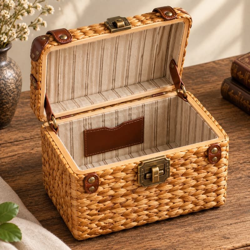 Tas Kotak Anyaman Enceng Gondok Antik dengan Kunci Vintage - Jahitan dasar terlipat dan furing