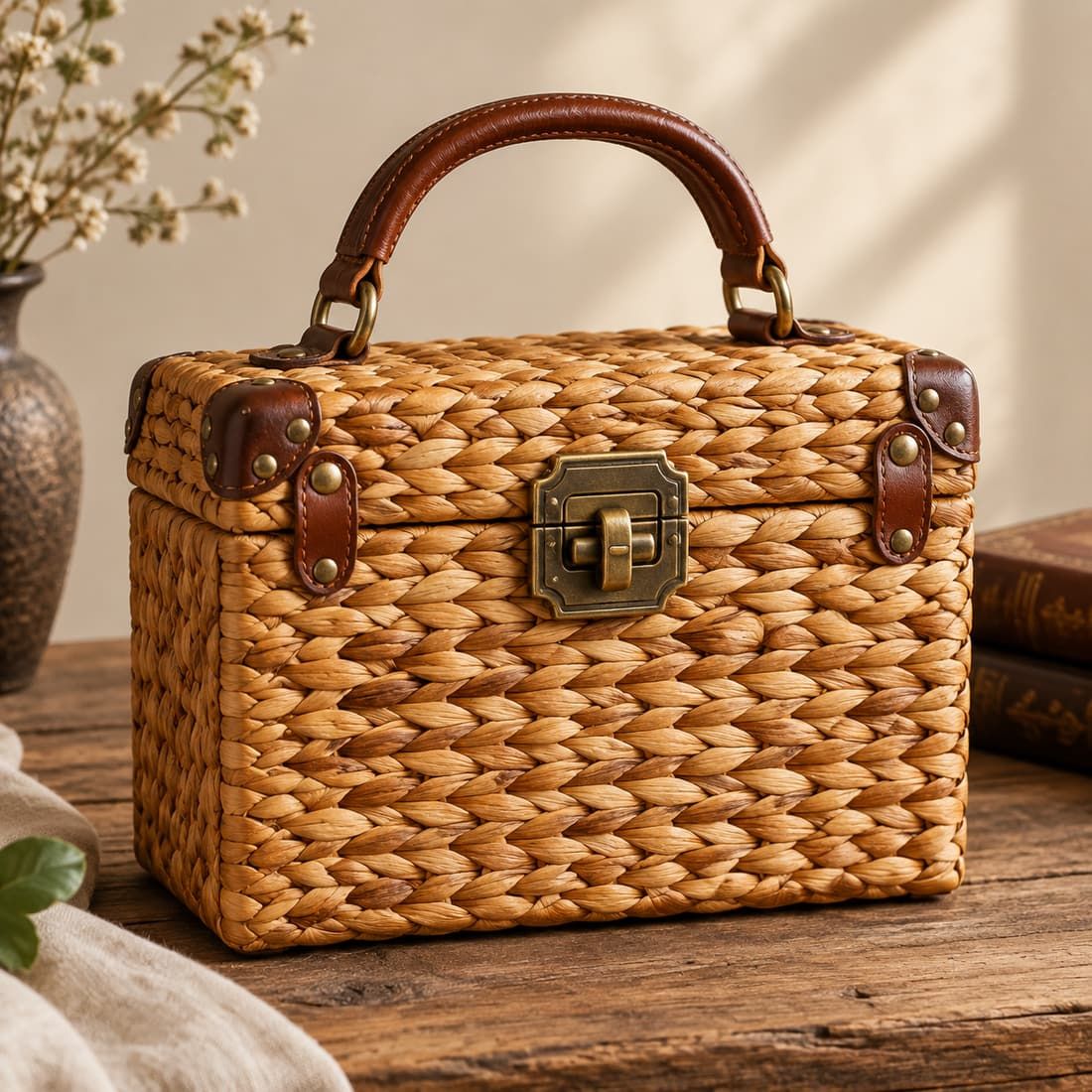 Formschöne Vintage-Boxtasche aus handgewebter Wasserhyazinthe
