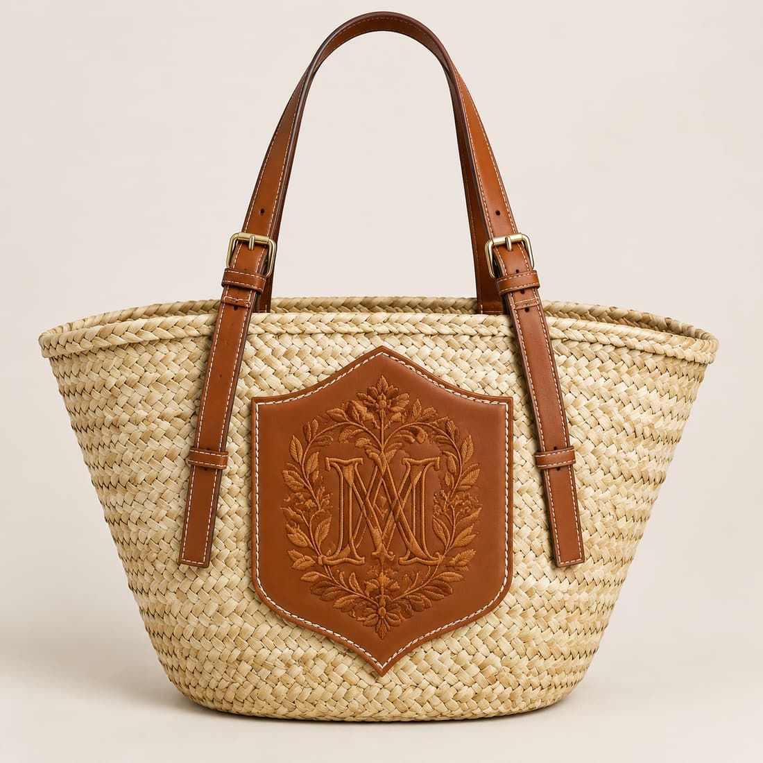 Embroidered Leather Crest Sea Grass Basket Tote