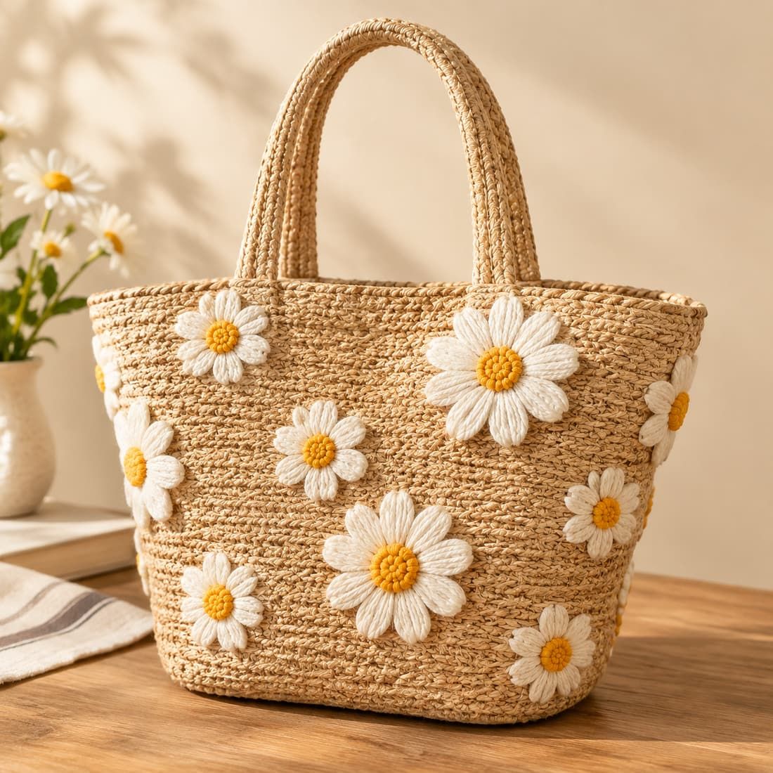 Sommer-Tote aus Raffia mit 3D-Gänseblümchen-Stickerei