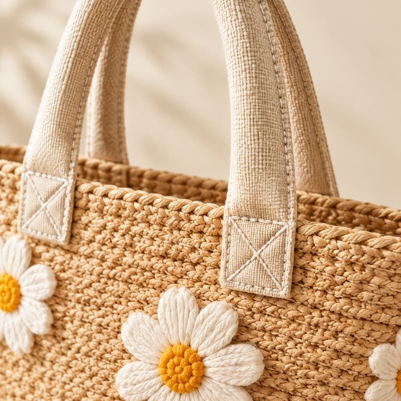 Zomershopper van raffia met 3D madeliefjesborduurwerk - Hengselverbinding en hardware