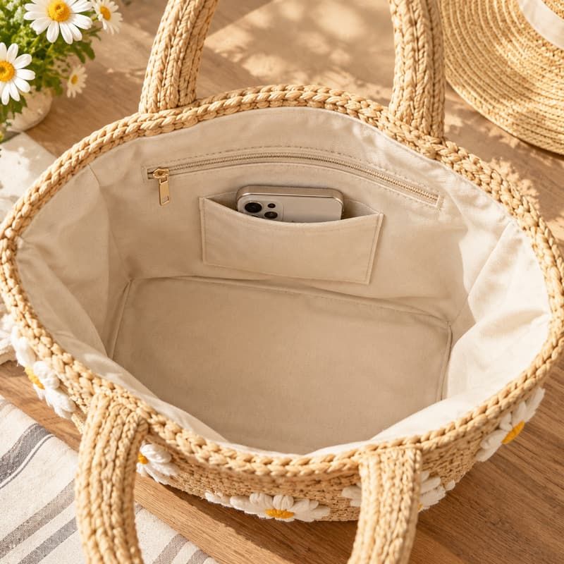 Zomershopper van raffia met 3D madeliefjesborduurwerk - Gezoomde bodemnaden en voering