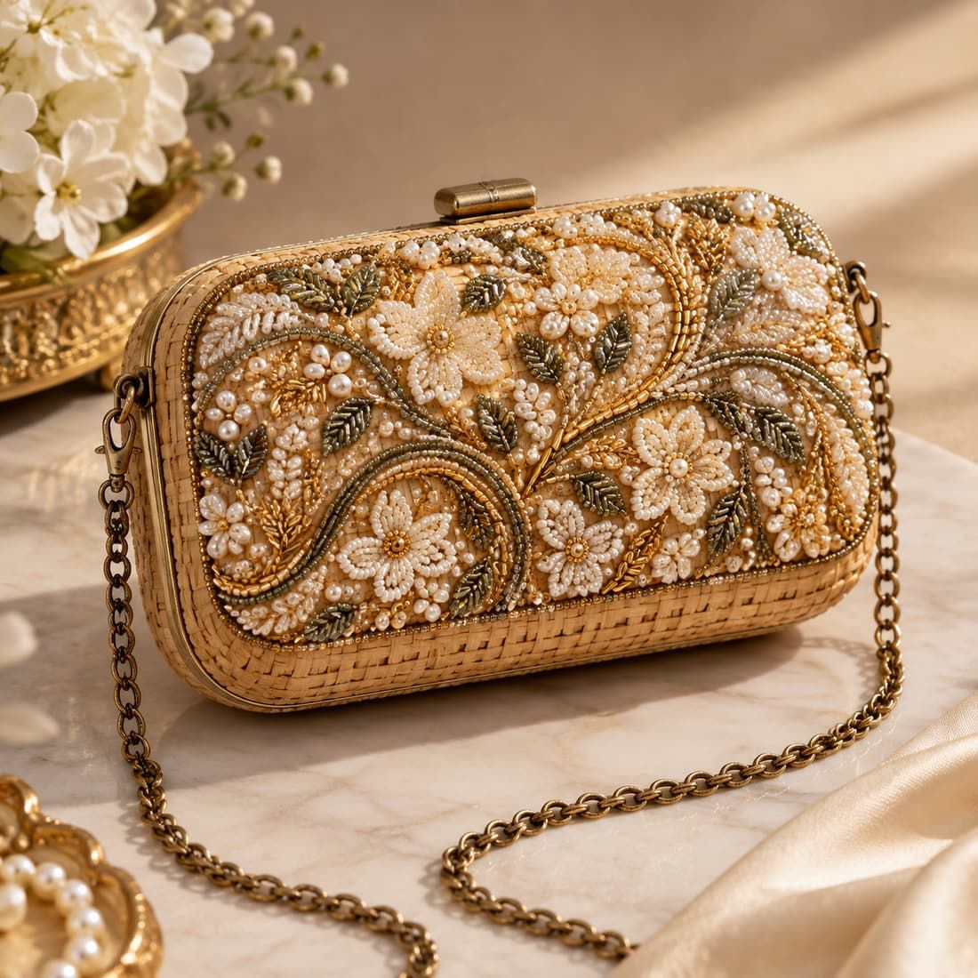 French Bead Embroidered Bamboo Evening Minaudière