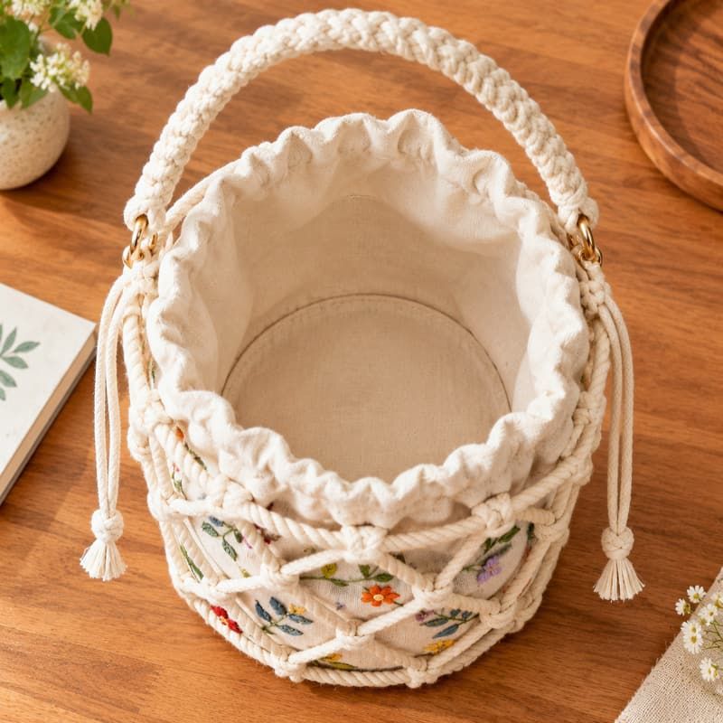 Túi xô dây thừng đan mắt lưới kèm ruột túi lanh thêu hoa dây leo - Đường may đáy gấp và lớp lót