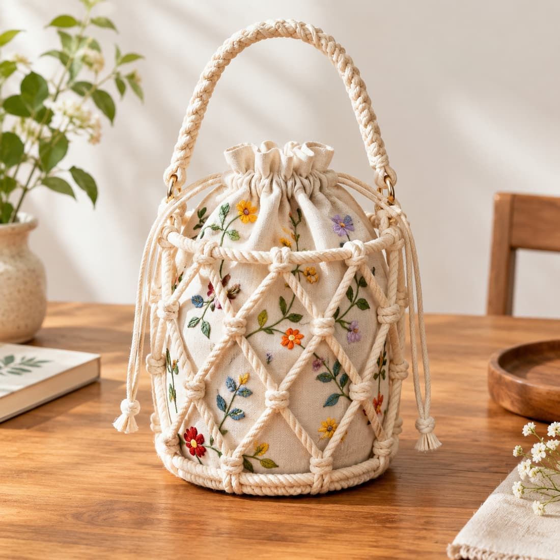 手刺繍ビオラ+マーガレット+パッチワーク+春色+くったりのトートバッグ+底板付き 刺繍×手織り ミックスメディア工芸シリーズ OEM/ODM