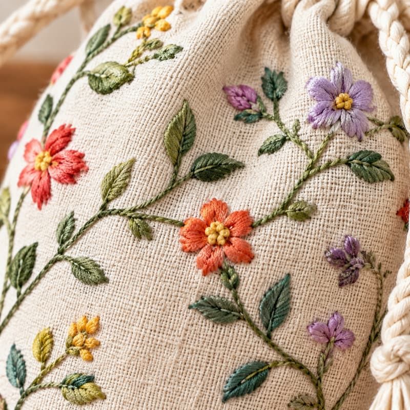 Túi xô dây thừng đan mắt lưới kèm ruột túi lanh thêu hoa dây leo - Cận cảnh mũi Lưới Macrame dây thừng + Ruột túi đay thêu hoa dây
