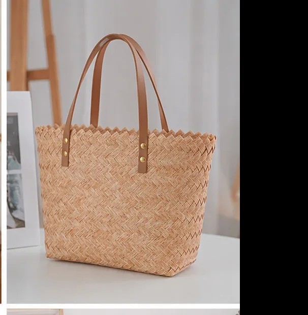 Túi tote giỏ thị trường bằng rơm tự nhiên, có quai da - Đường may đáy gấp và lớp lót