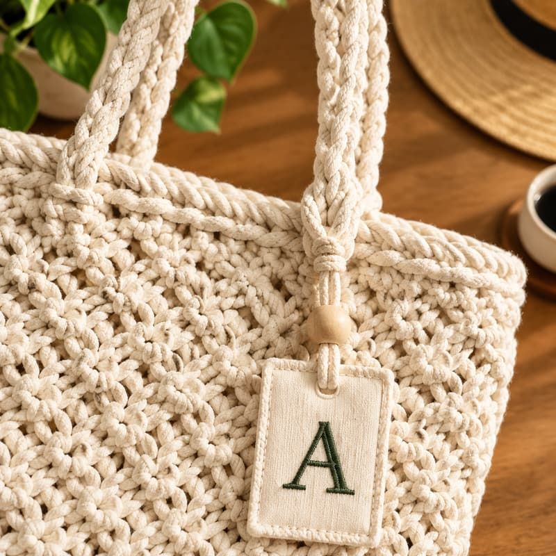 Geknüpfte Tote aus Bio-Baumwollseil mit Monogramm-Anhänger - Griffverbindung und Beschläge