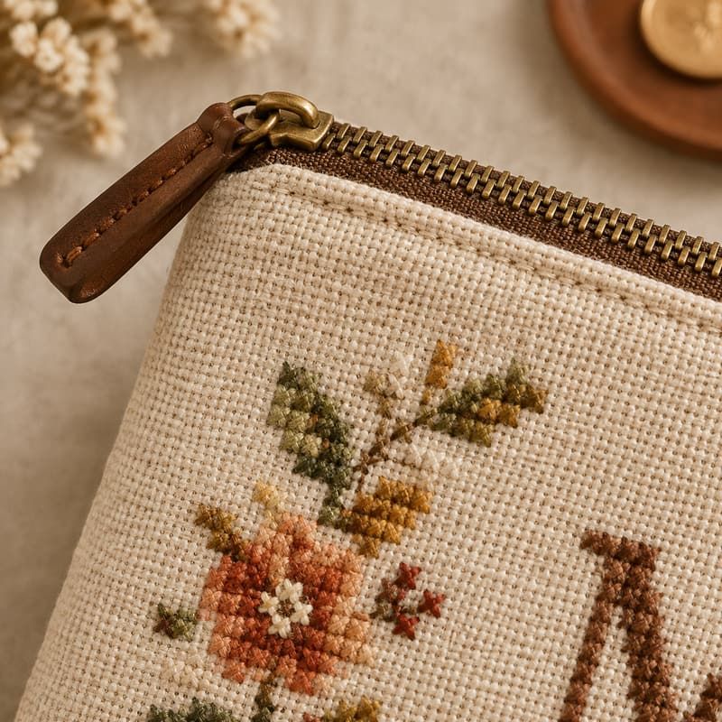 Custom Cross-Stitch Embroidered Canvas Cosmetic Bag - Handle joinery and hardware