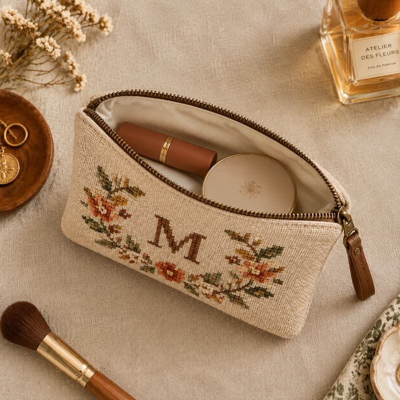 Custom Cross-Stitch Embroidered Canvas Cosmetic Bag - Folded base seams and lining