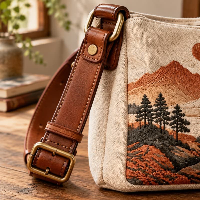 Flat Embroidery Canvas Shoulder Bag with Leather Strap - Handle joinery and hardware