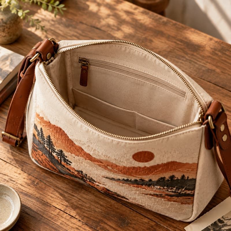 Flat Embroidery Canvas Shoulder Bag with Leather Strap - Folded base seams and lining