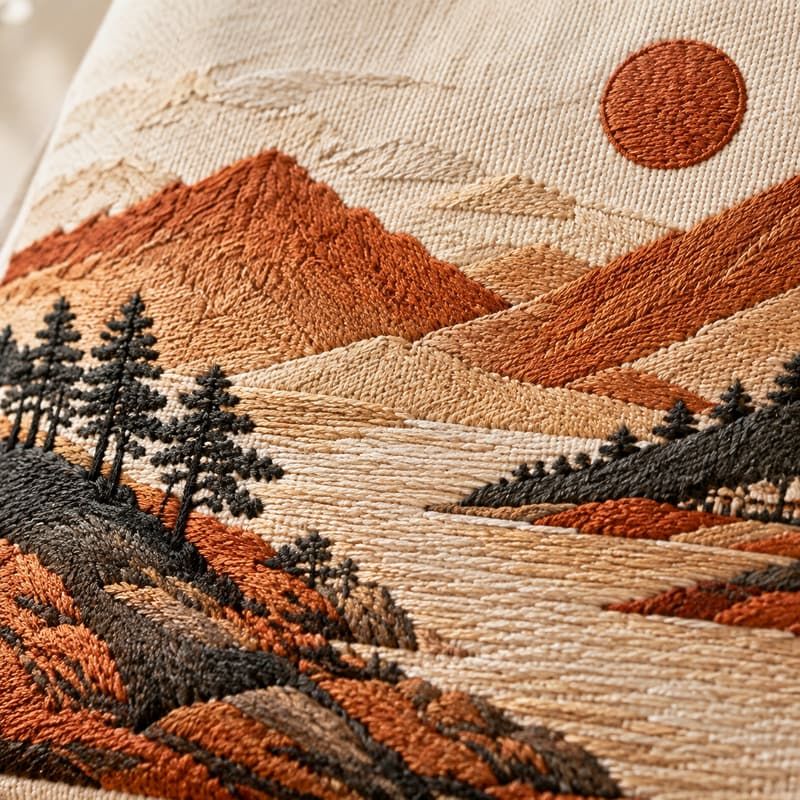 Flat Embroidery Canvas Shoulder Bag with Leather Strap - Flat stitch macro