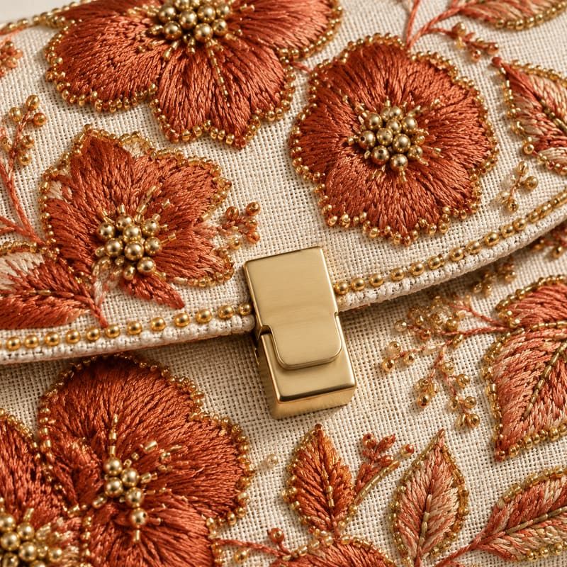 French Bead Embroidered Evening Clutch Bag - Handle joinery and hardware