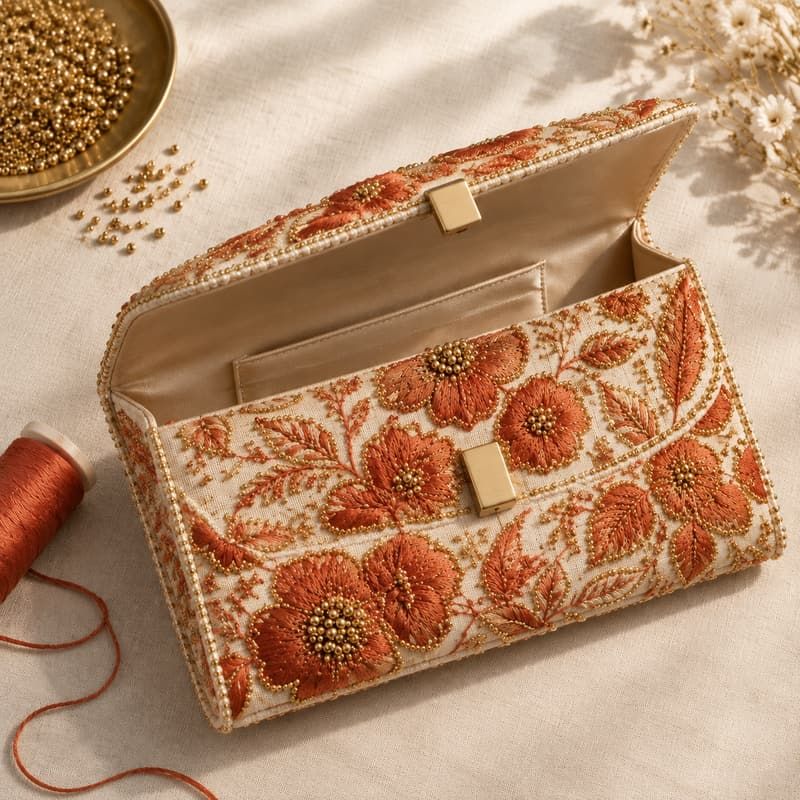 French Bead Embroidered Evening Clutch Bag - Folded base seams and lining