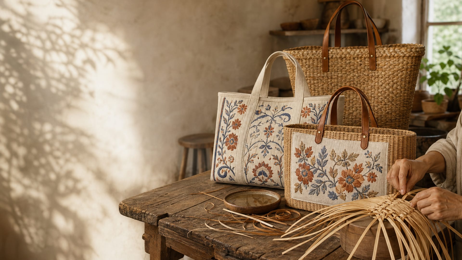 Handbestickung eines individuellen Canvas-Tote im warmen Atelierlicht