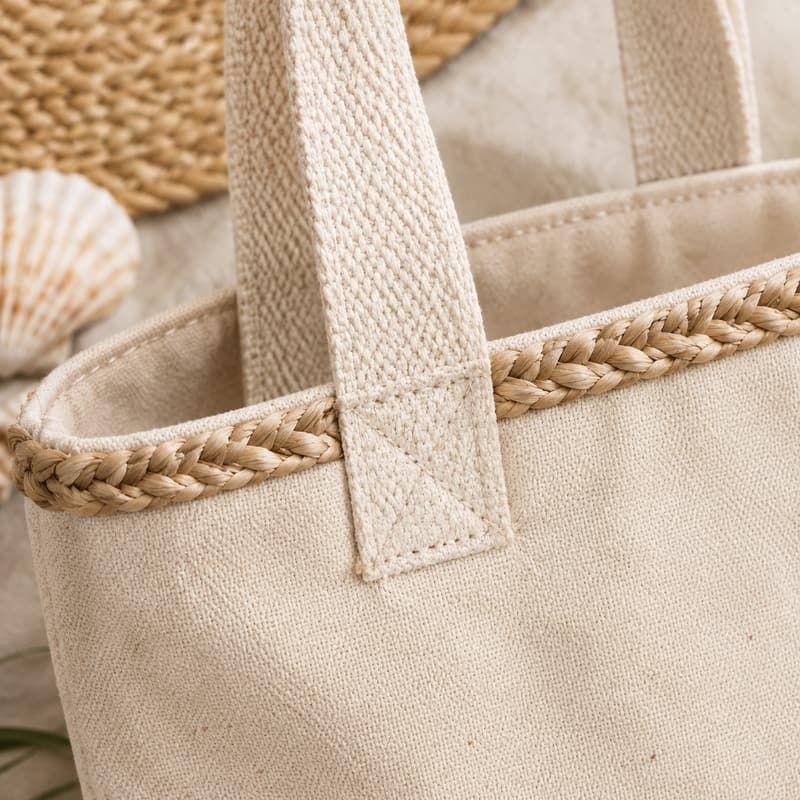 Cross-Stitch Embroidered Sea Grass Canvas Tote Bag - Handle joinery and hardware