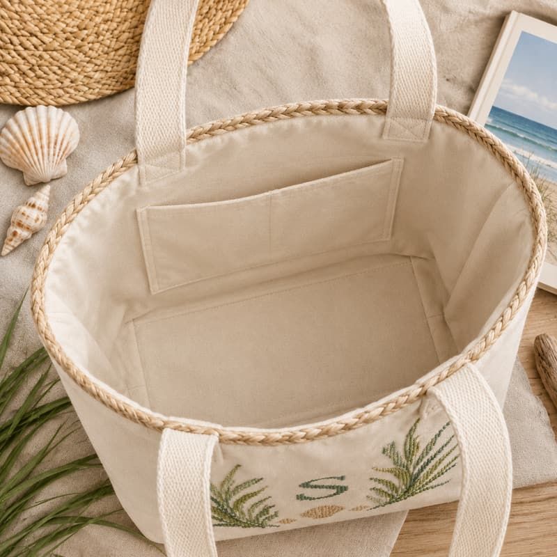 Cross-Stitch Embroidered Sea Grass Canvas Tote Bag - Folded base seams and lining