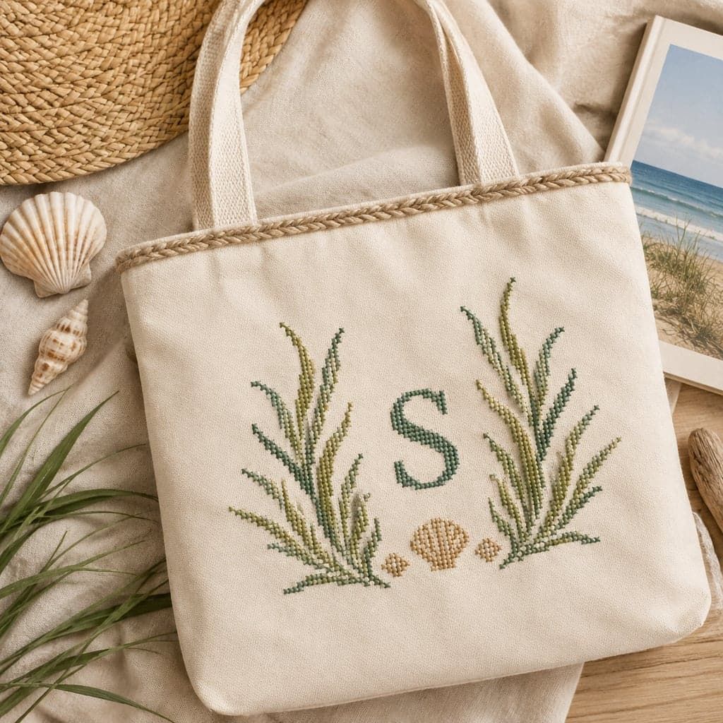Cross-Stitch Embroidered Sea Grass Canvas Tote Bag