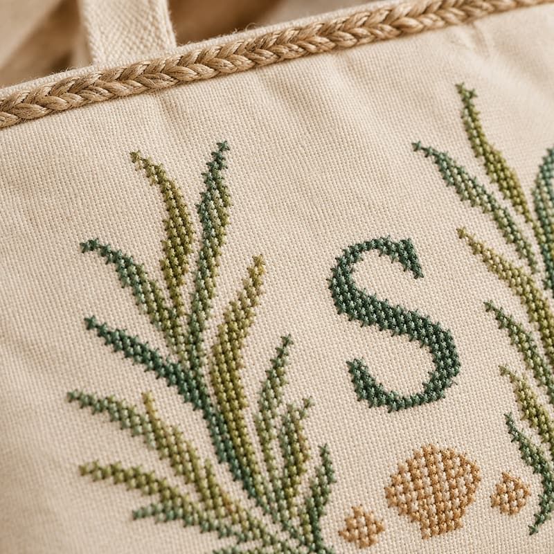 Cross-Stitch Embroidered Sea Grass Canvas Tote Bag - Cross-Stitch + Sea Grass stitch macro