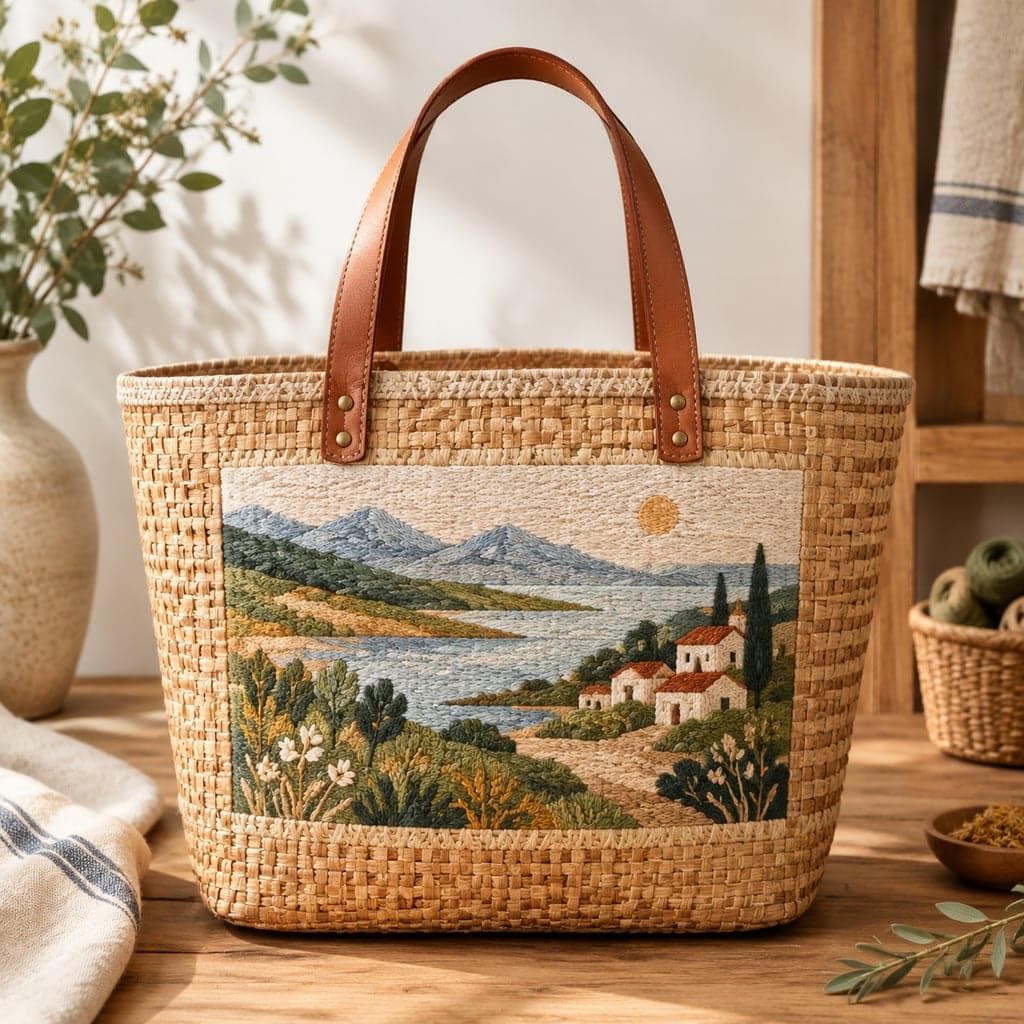 Flat-Embroidered Landscape Woven Mixed Basket Tote