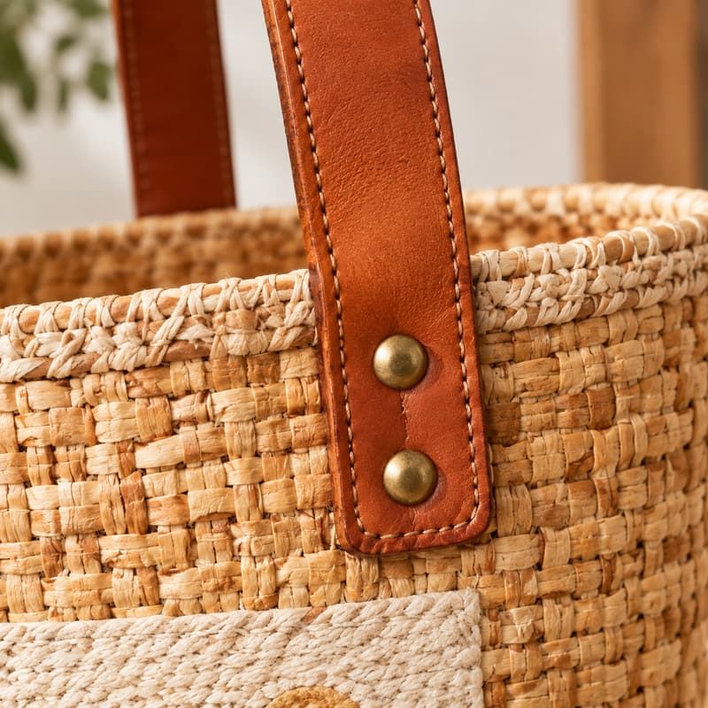 Tas Keranjang Campuran Anyaman Bambu & Rotan Bordir Lanskap - Sambungan handle dan hardware