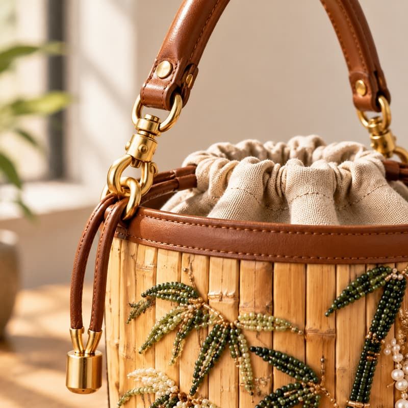 French Bead Embroidered Bamboo Bucket Bag - Handle joinery and hardware