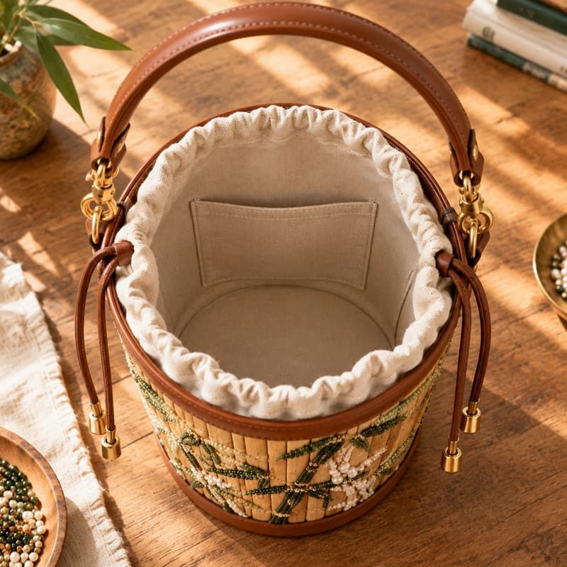 French Bead Embroidered Bamboo Bucket Bag - Folded base seams and lining