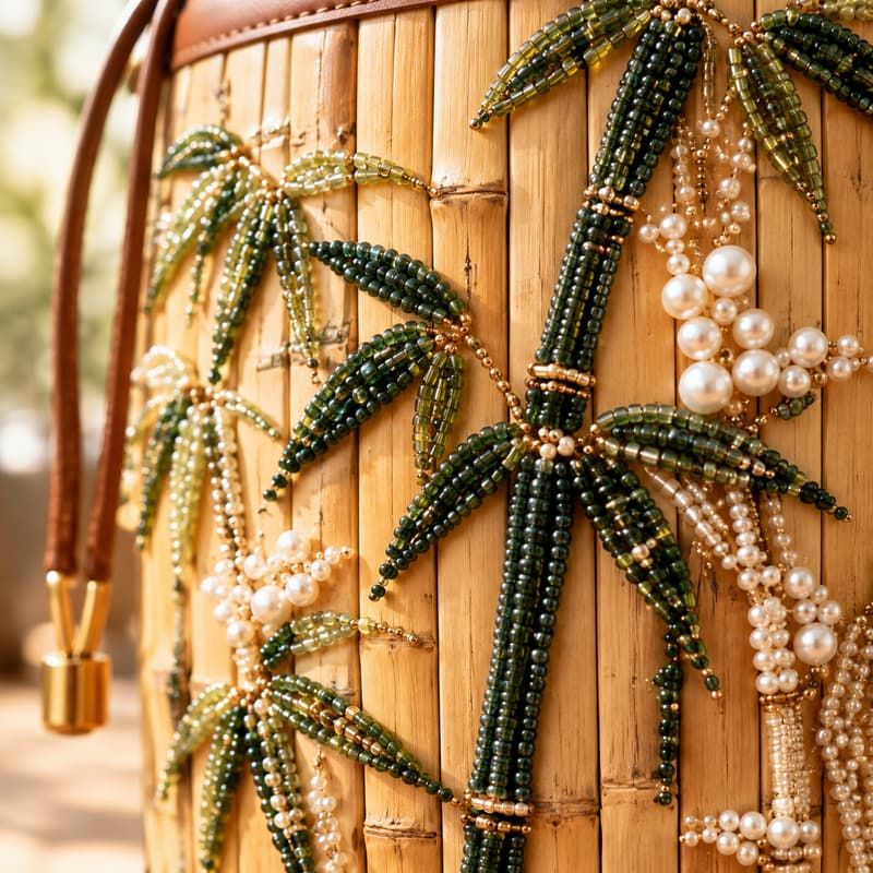 French Bead Embroidered Bamboo Bucket Bag - French + Bamboo stitch macro