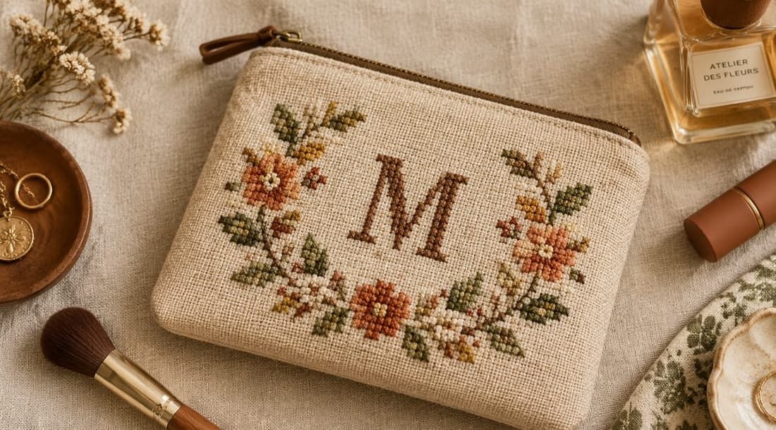 Custom Cross-Stitch Embroidered Canvas Cosmetic Bag