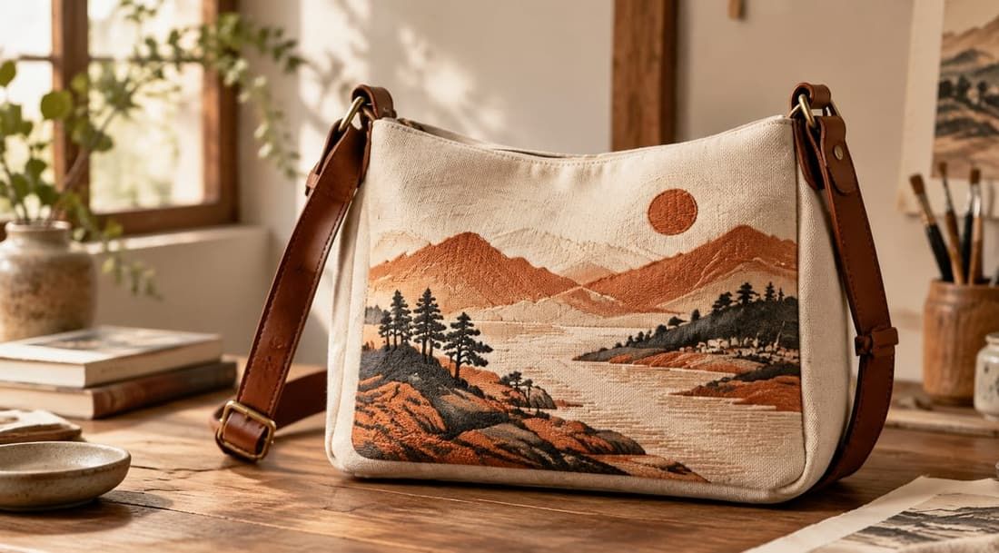 Flat Embroidery Canvas Shoulder Bag with Leather Strap